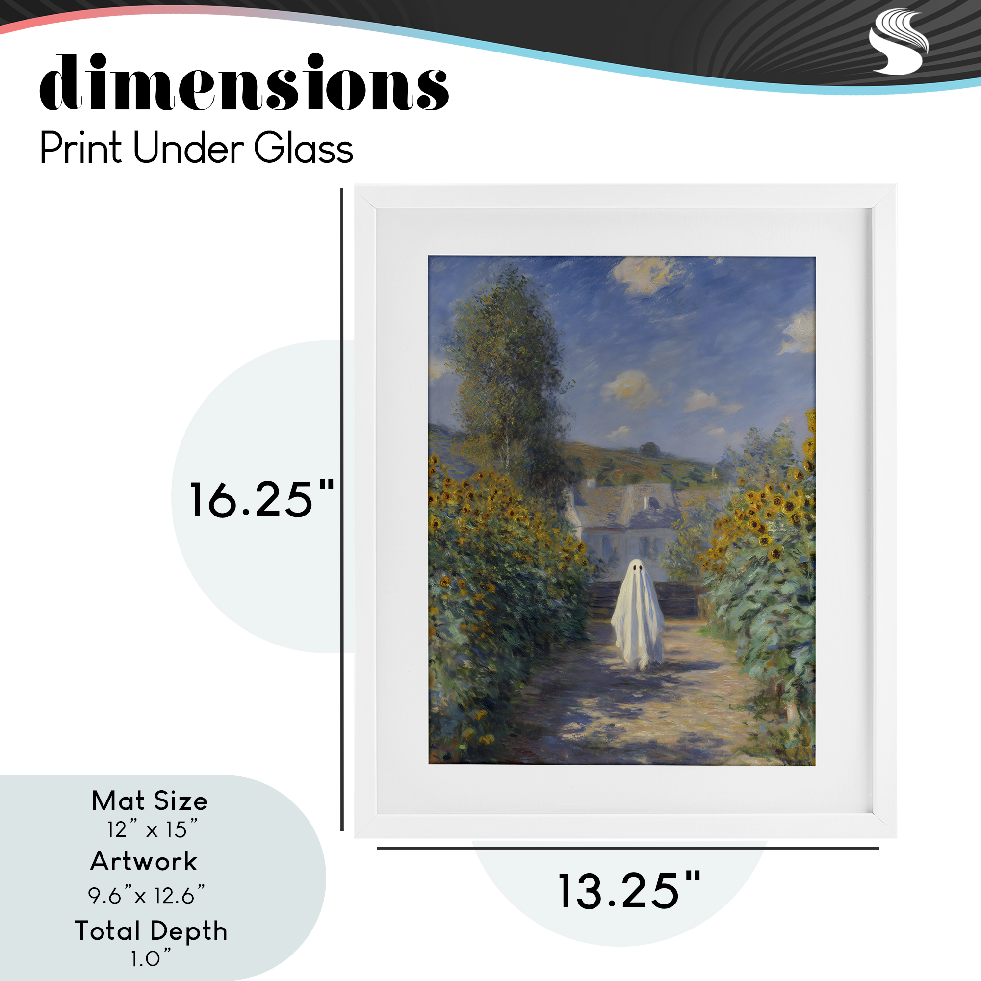 Monet Style Sunflower Ghost White Framed Print Under Glass, design by Arlington Prints