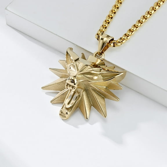 14K Yellow Gold  Wizard 3 Wolf Head Men's Pendant Retro Medieval Geralt of Rivia Necklace Trendy Viking Witcher Jewelry