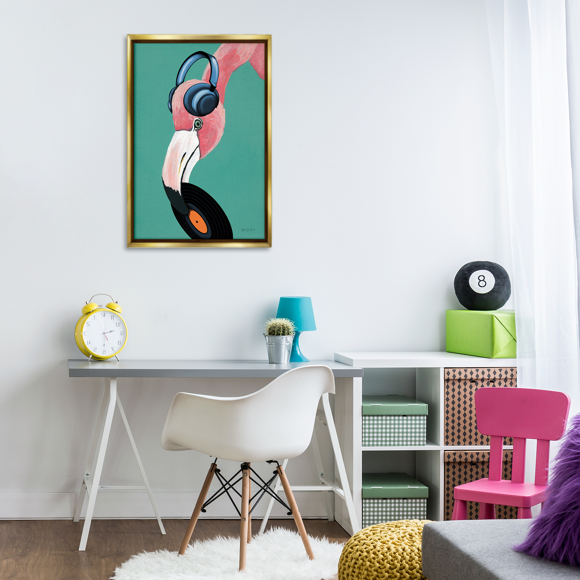 Stupell Industries Fun Musical Flamingo Animals & Insects Painting Gold Floater Framed Art Print Wall Art, 21 x 31