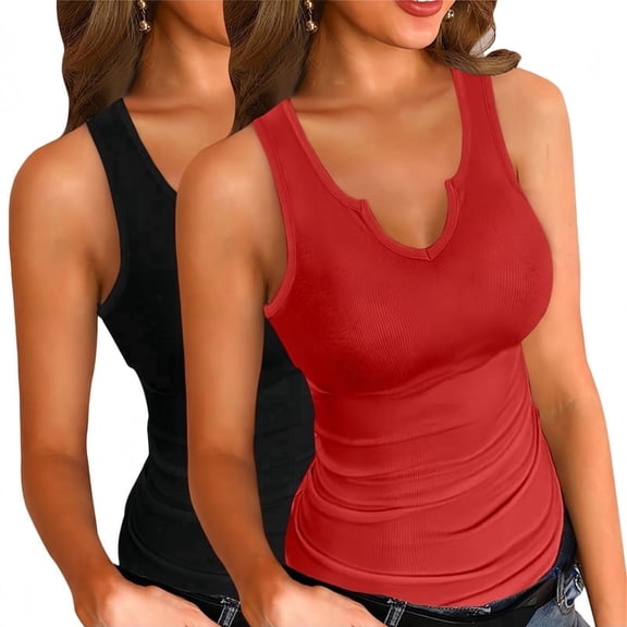Vafful Tank Tops for Women Basic Sleeveless Shirts 2 Pack V Neck Ribbed Slim Fitted Tank Tops Workout Summer Blouse Sporty Sexy top Cami Ribbed Racerback GREY and RED S-XXL