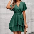 thumbnail image 3 of Women's Party Dress V-Neck Solid Color Waist Defining Irregular Hem Elegant Midi Dress for Spring Fall Banquet Date Night,Army Green,L, 3 of 6