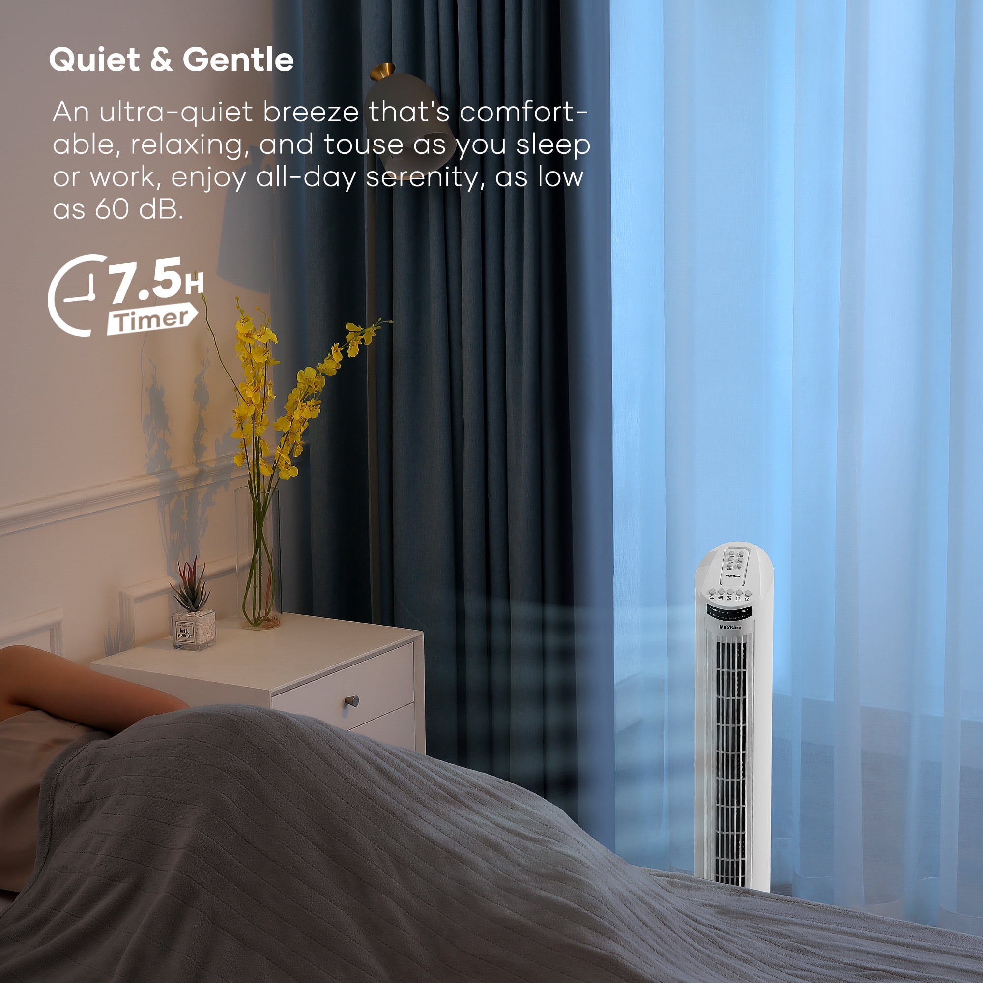 MaxKare 30" Tower Fan with Remote, 3 Speeds and Modes, Oscillating, Timer, White