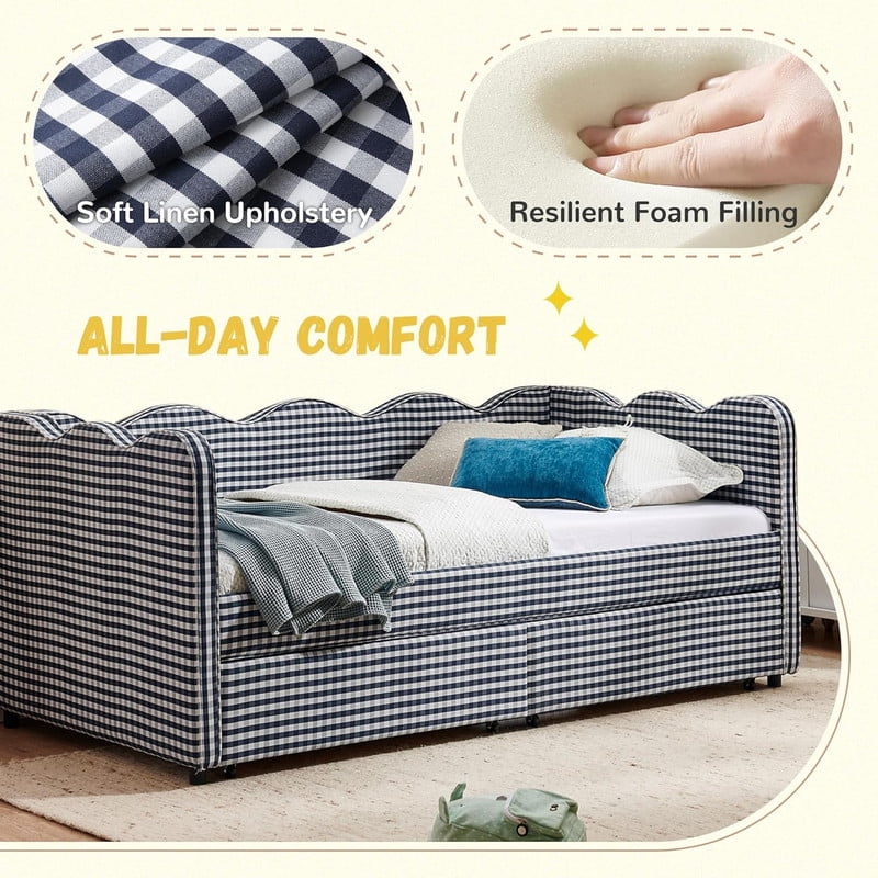 Cozy Full Size Daybed with 2 Storage Drawers and USB Charging Port, Linen Gingham Wave Shaped Sofa Bed for Living Room and Bedroom