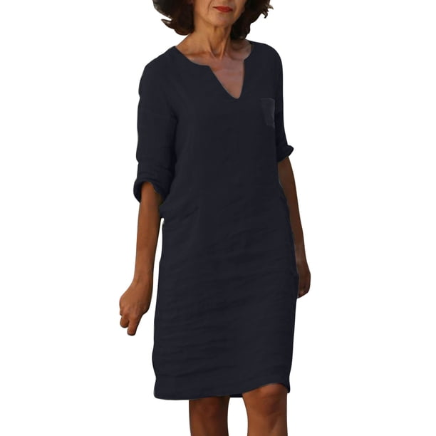 Mini vestido estampado con cuello en V y manga media para mujer - Algodón/lino, estilo informal/vacacional, primavera/otoño, lavado a mano/a máquina con programa delicado, tallas asiáticas reales