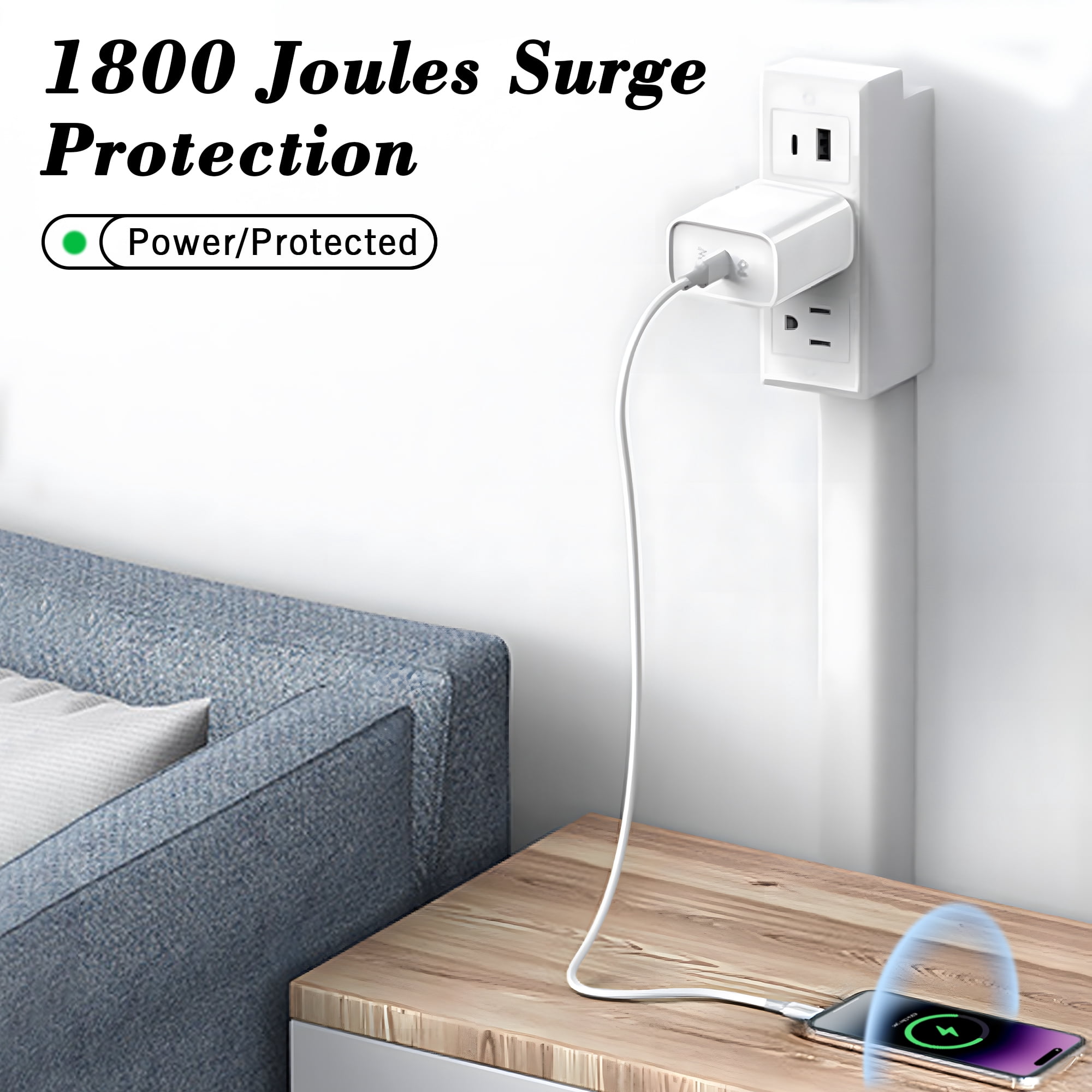 Extended and Rotating Outlet Features USB-A, USB-C, and 2 Ac Outlets, Extendable Wall Outlet Extends 22-34, 180° Swivel, Rotating Outlet for Behind Couches