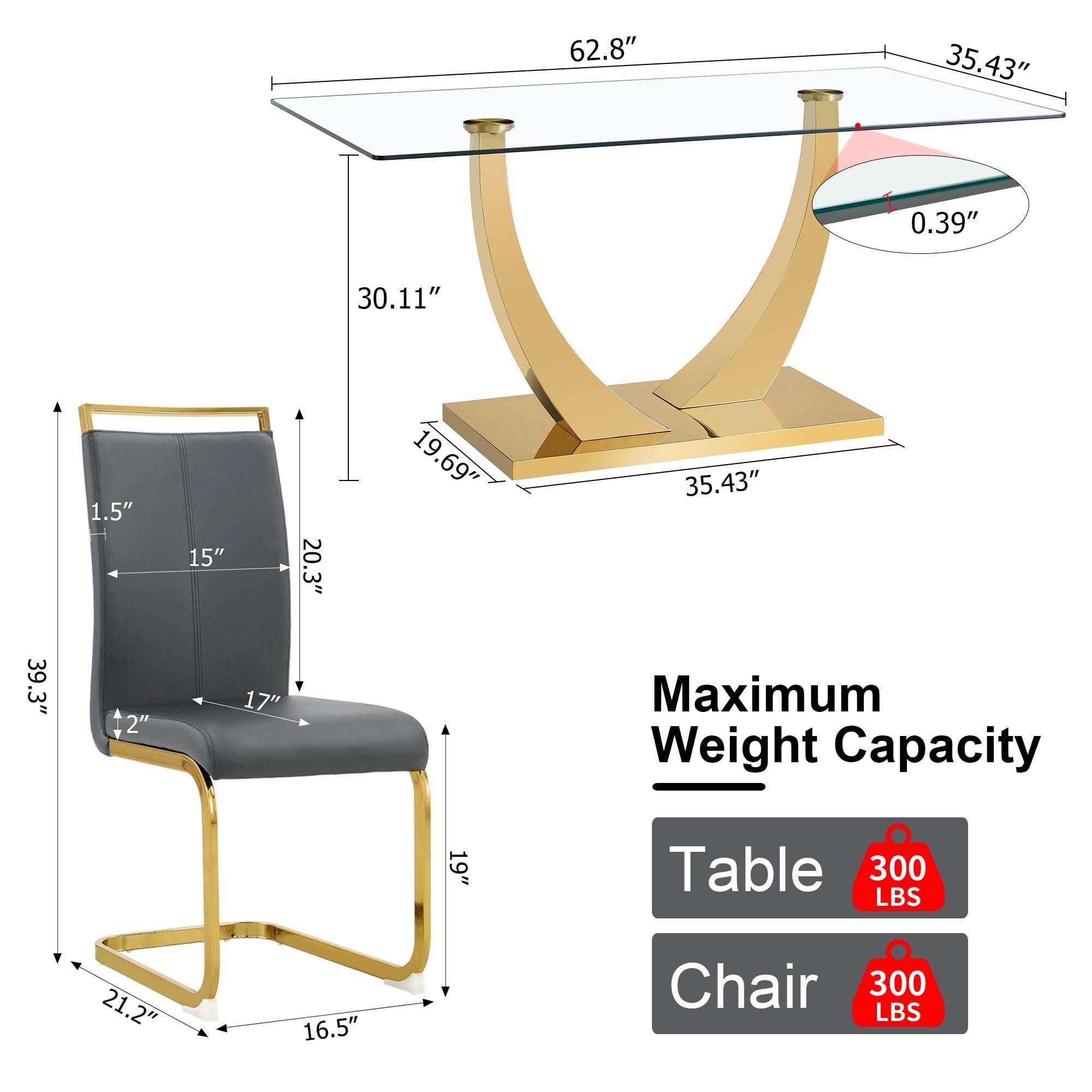 Sumdeal 63" Glass Dining Table Set for 4,Modern Dining Room Table Set for 4, Kitchen Table and PU Leather Chairs Set for 4, Dinner Table with Rectangle Tempered Glass Top and Chrome Golden Base