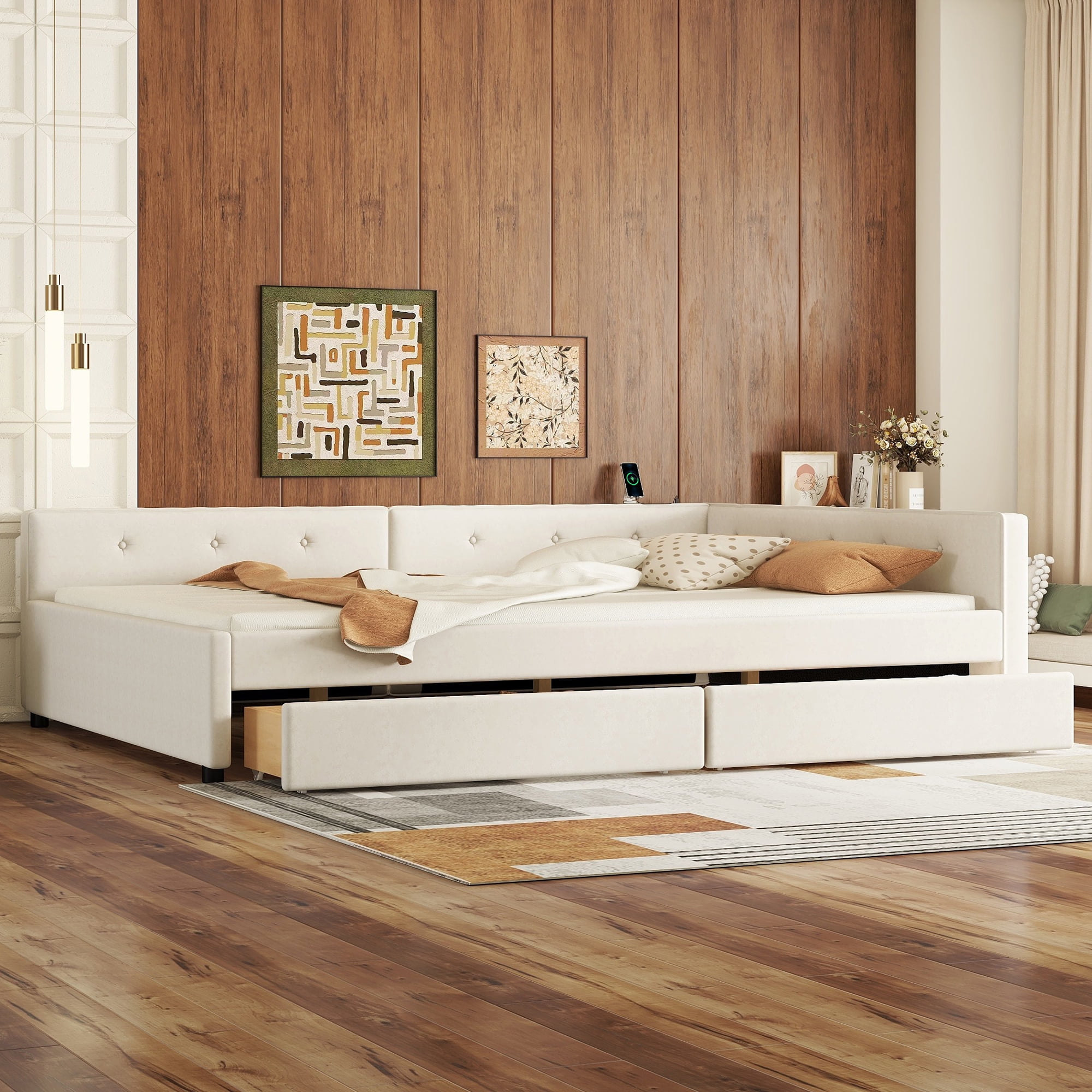 Queen Size Upholstered Platform Bed, Wood Bed Frame with Twin Size 2 Drawers and USB for Bedroom, Apartment, No Box Spring Needed, Beige