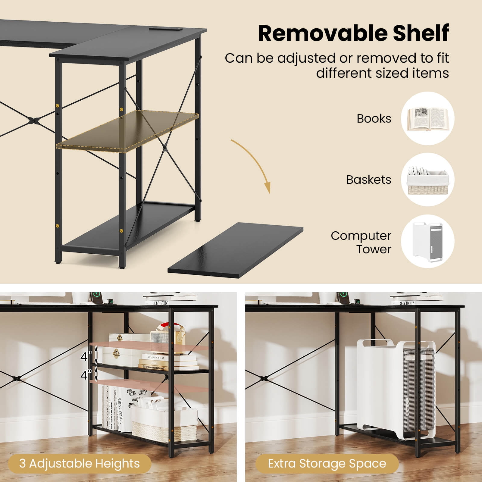 Costway L-Shaped Computer Desk with Power Outlets Adjustable shelf Heavy-Duty Metal Frame Black