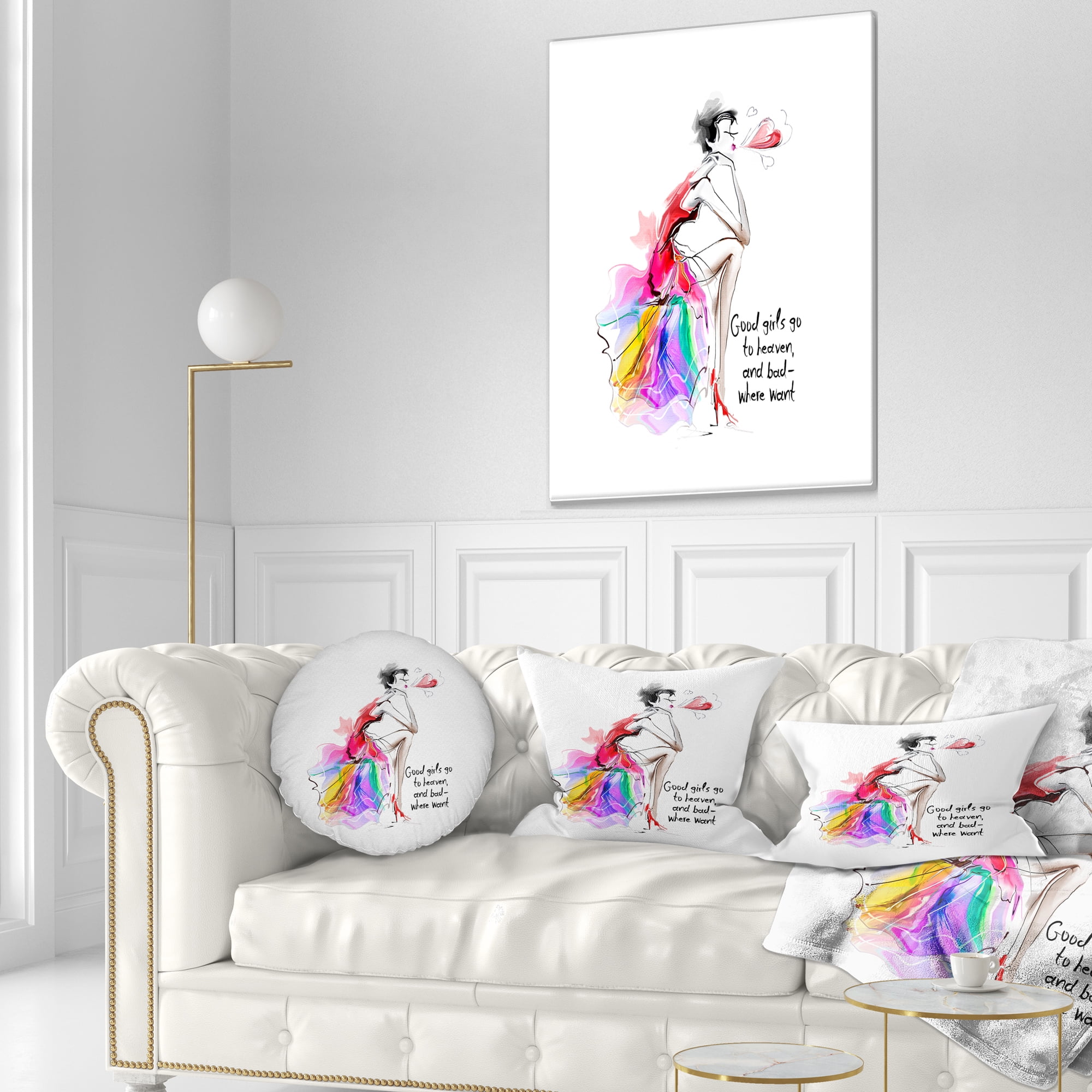 Designart Pretty Fashion Girl Pink - Abstract Portrait Throw Pillow - 12x20