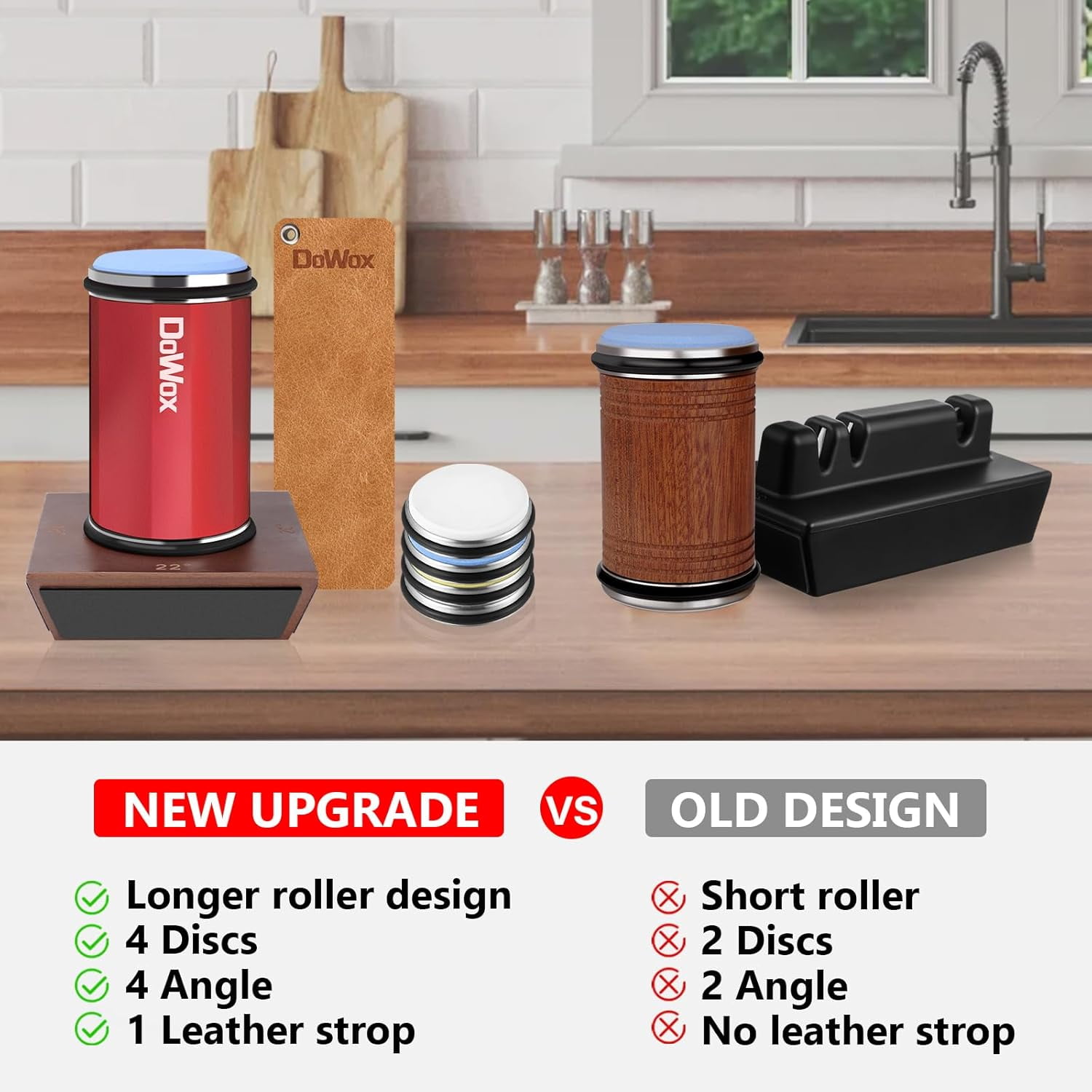 Upgraded Rolling Knife Sharpener with Leather Strop, 4 Angle Base & 4 Replaceable Discs for Kitchen Knives, Red