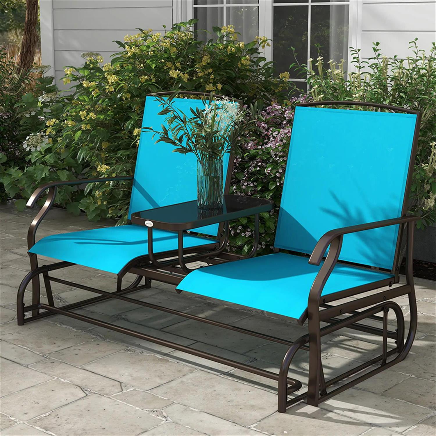 Demi Bonn Outdoor Glider Chairs with Center Table, Metal Frame Patio Loveseat Bench with Breathable Mesh Fabric and Armrests for Backyard Garden Porch, Blue