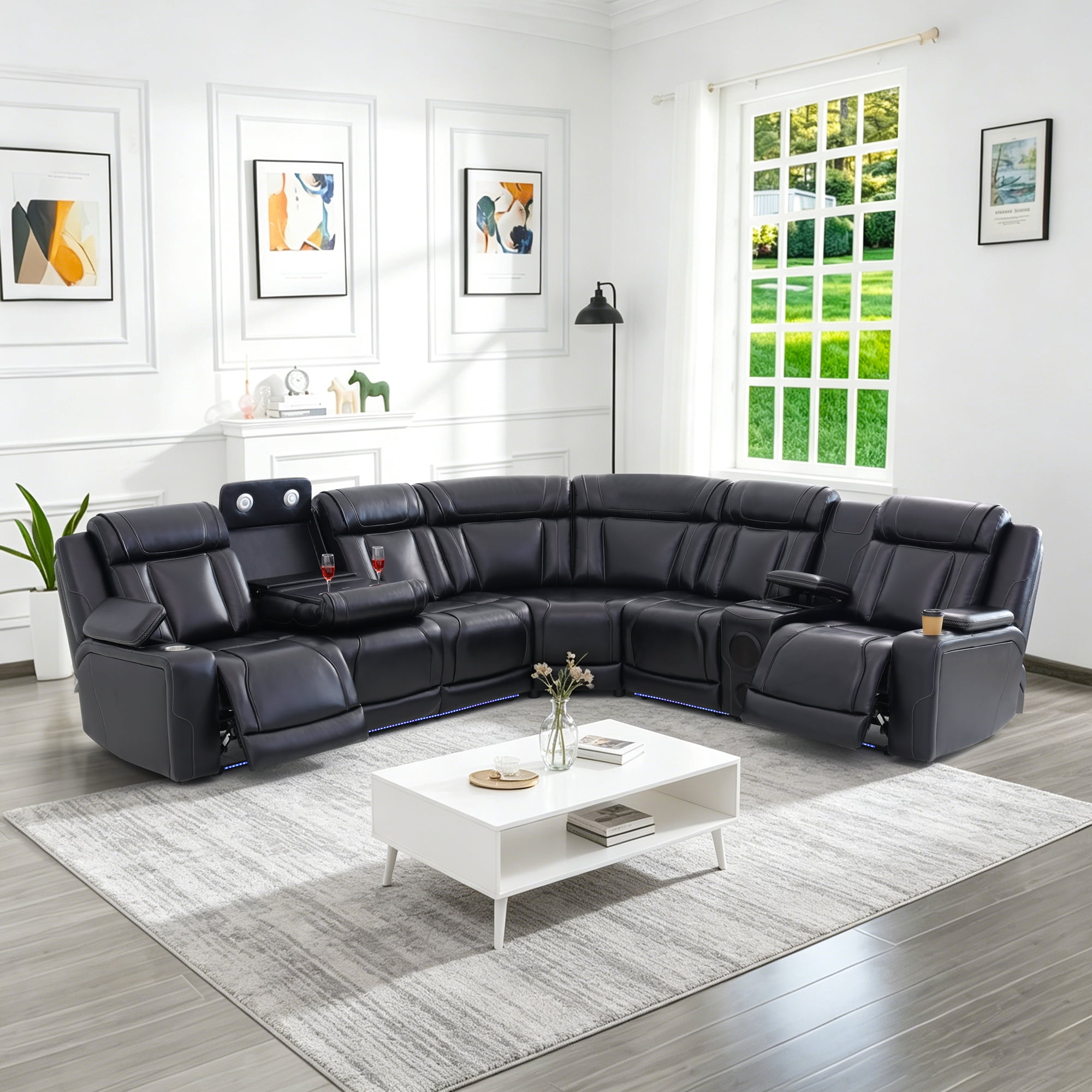 Gewnee Luxury Oversized Reclining Corner Sectional Couch, Power Recliner, Air Leather, Bluetooth Speakers, Wireless Charging, USB & Type‑C Charging, Cup Holders, Living Room Home Theater, Black