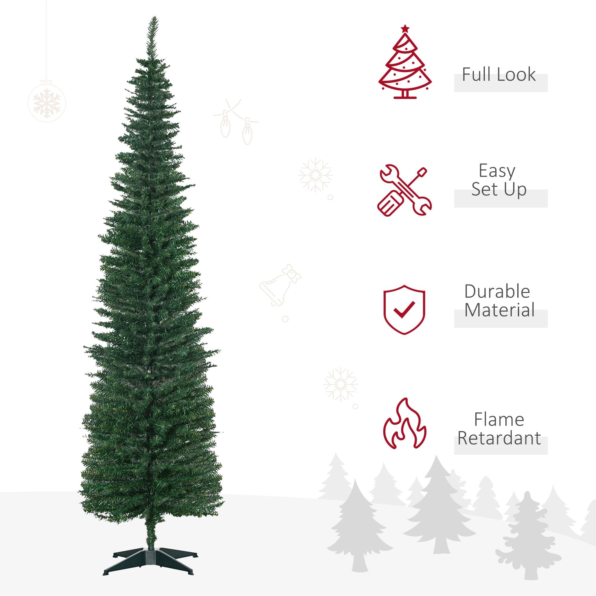 7 ft Artificial Pencil Christmas Tree, Slim Unlit Xmas Tree with 499 Branch Tips and Plastic Stand for Small Spaces and Apartments