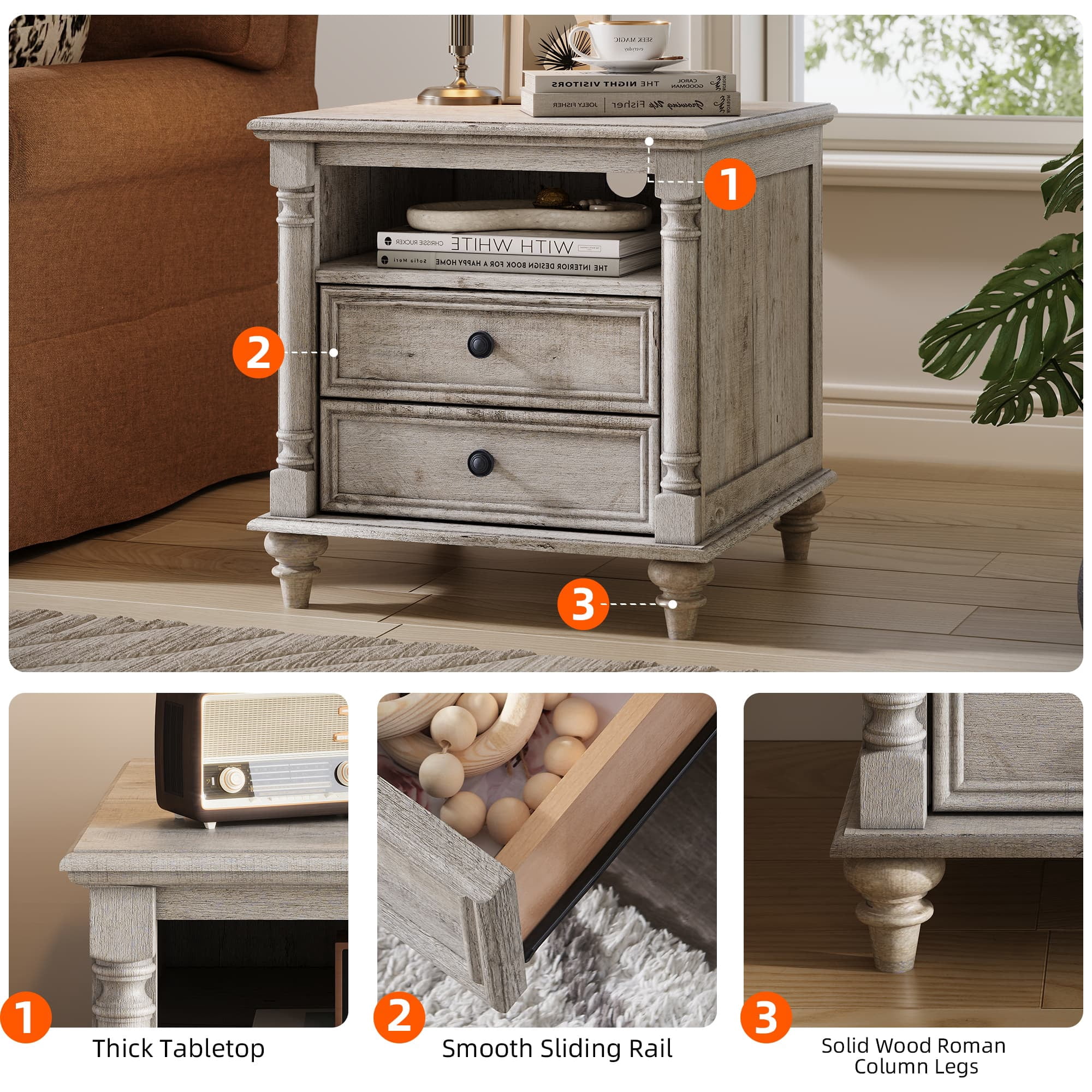 OKD Farmhouse Nightstand, 3 Drawer Wood Side Table with Charging Station for Bedroom, Living Room, Light Rustic Oak