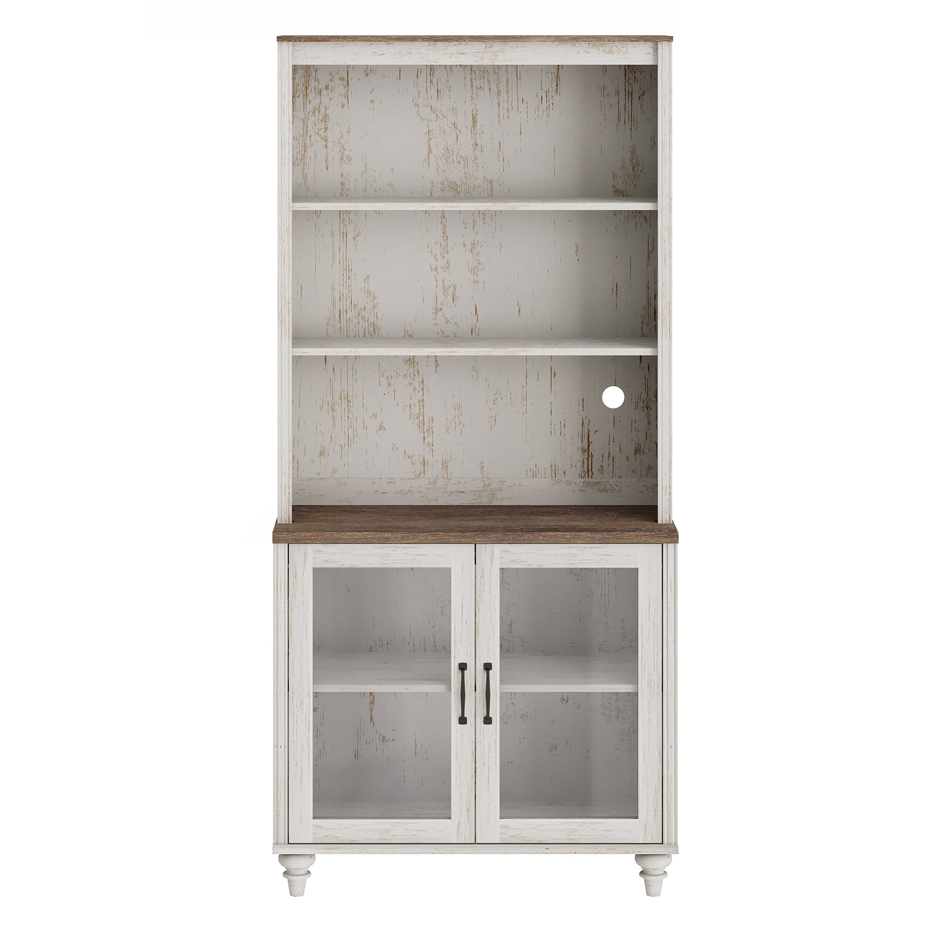 Farmhouse 5 Tier Bookcase With 2 Glass Doors, Rustic White, 33.9" W
