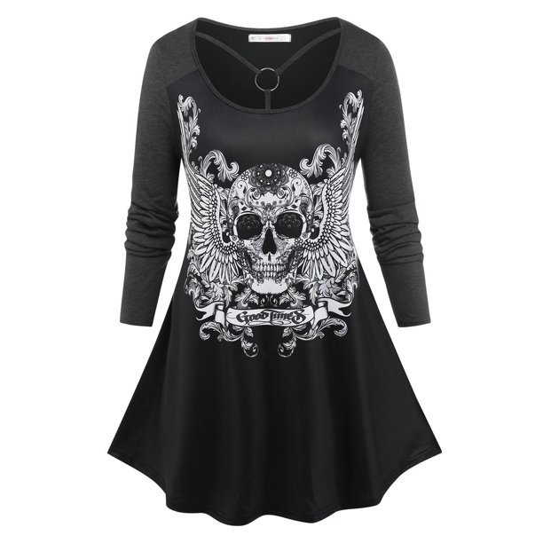 Camiseta con Anillo Cruzado con Estampado de Calavera de Talla Extra Grande Rosegal Mangas largas de talla grande