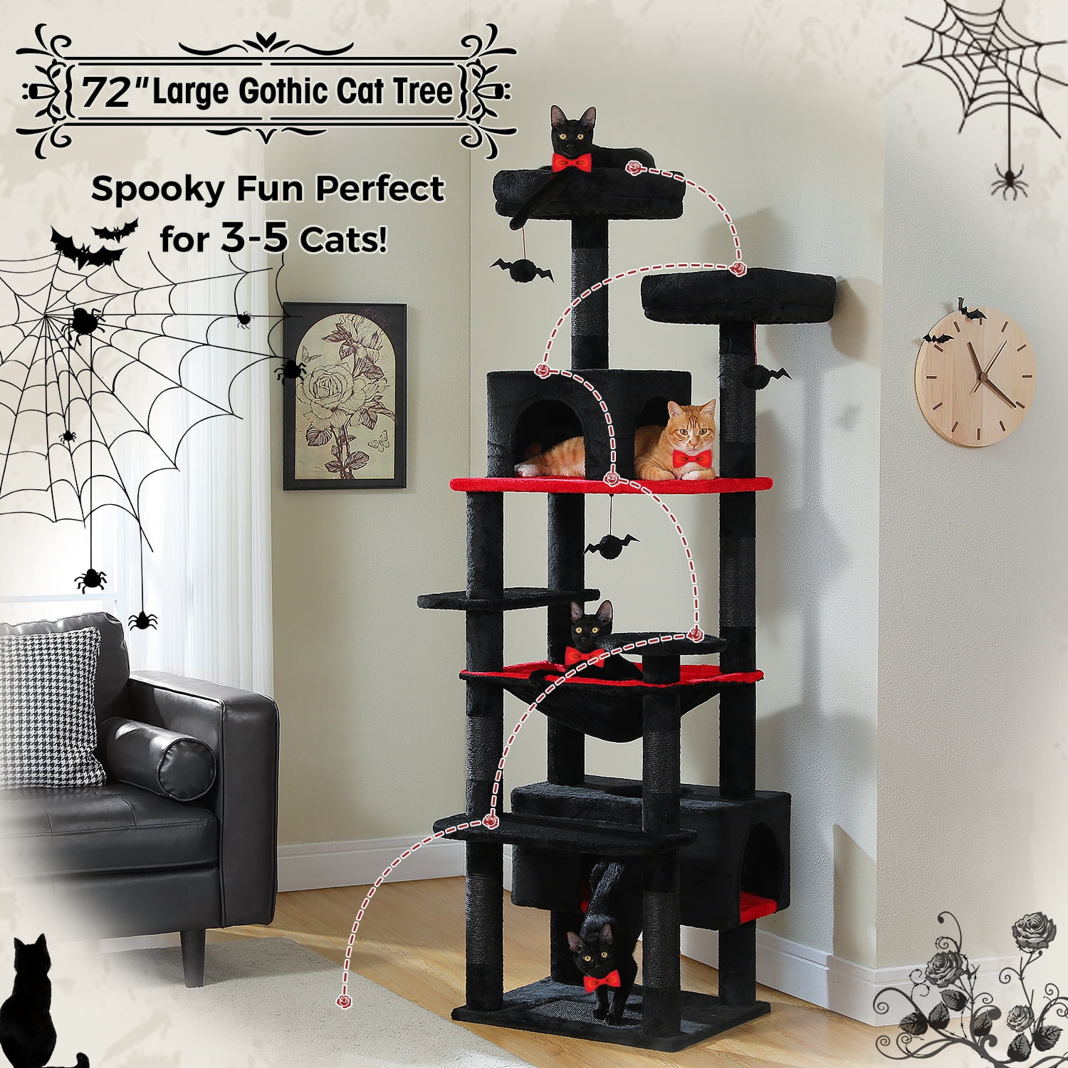 Pefilos 72" Cat Tree Tower for Large Cats, Indoor Cat Condo with Sisal-Covered Scratching Posts and Pads, 2 Padded Perch, Black