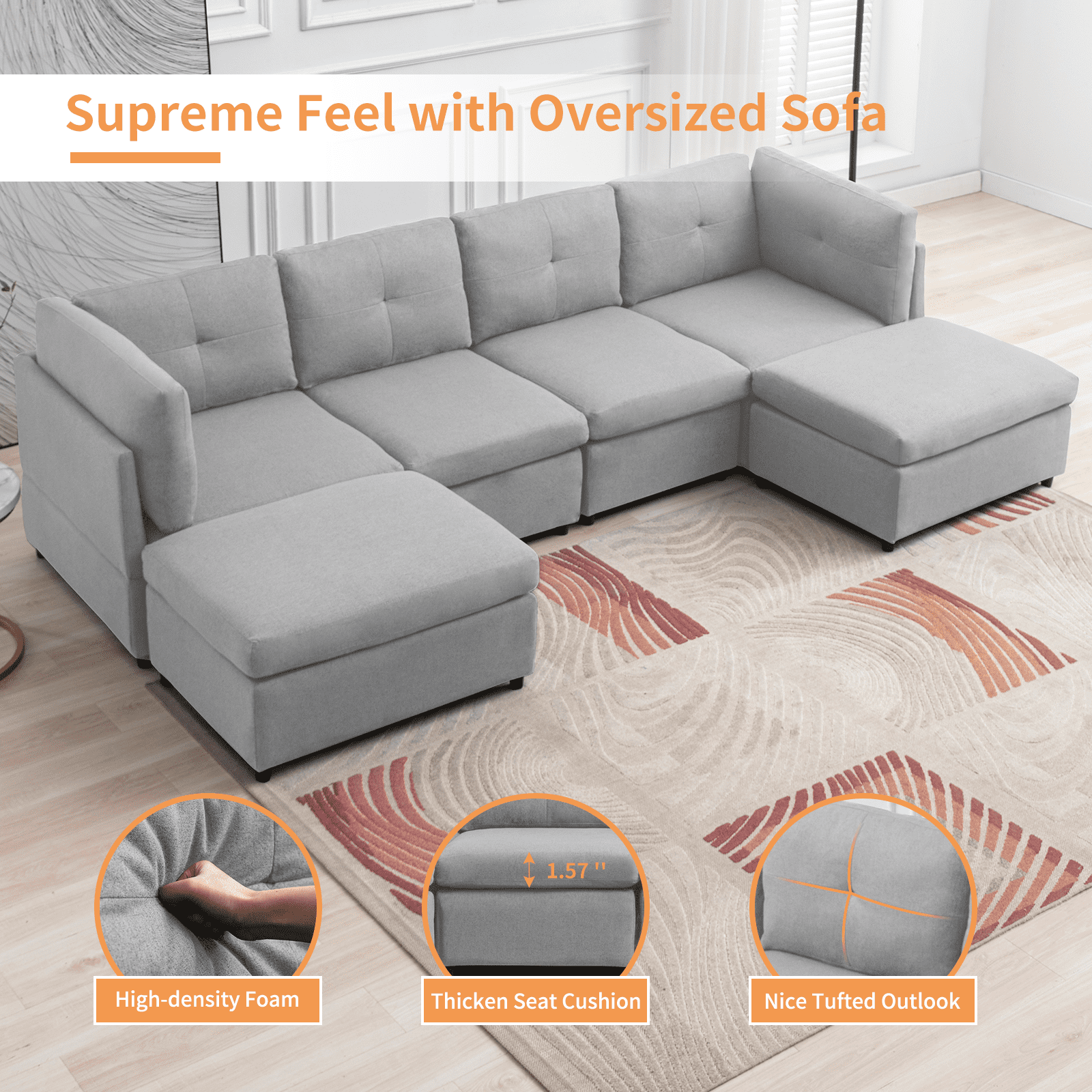 MUZZ Sectional Sofa, Modern Convertible Linen Sofa Couch, 118'' Sectional Sofa with Ottomans and Tufted Back Cushion, 6-Seater Sectional Couch for Living Room/Apartment(Dark Grey)