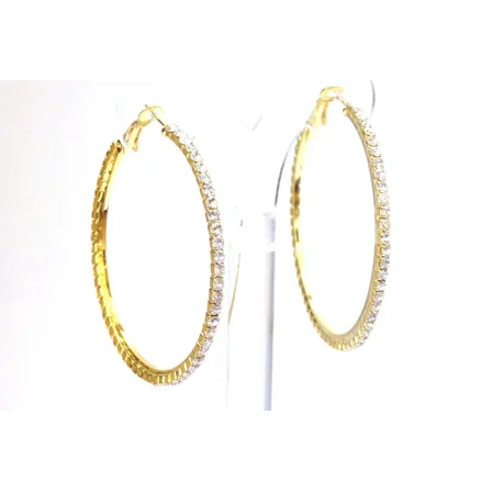 Crystal Rhinestone Earrings 2 inch Gold Tone Hoops Pierced