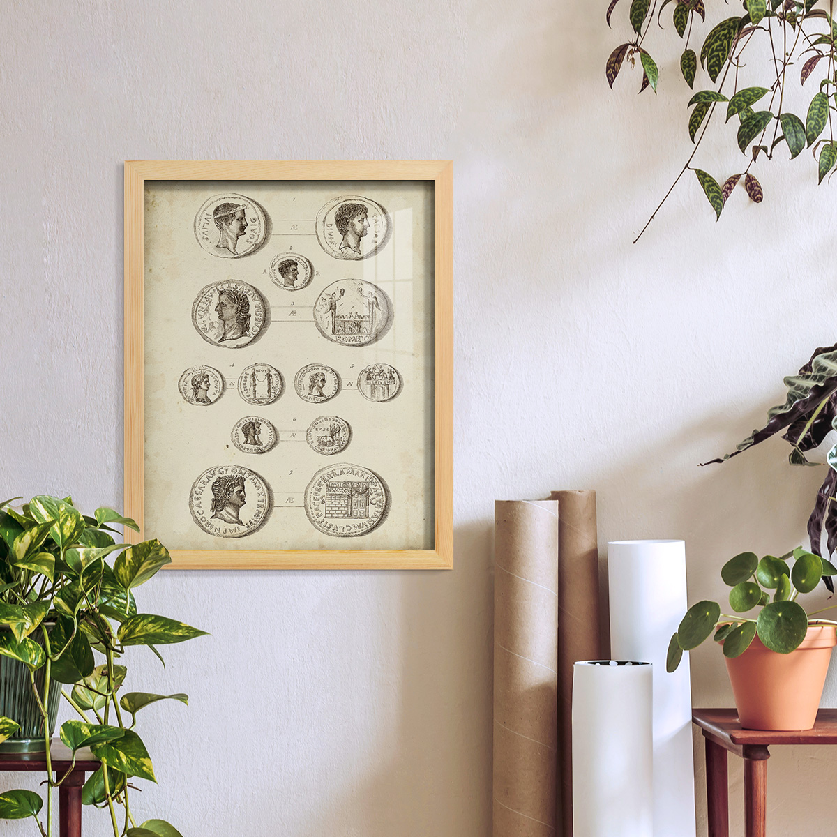 Antique Roman Coins I -Framed Print w/glass-Natural Wood