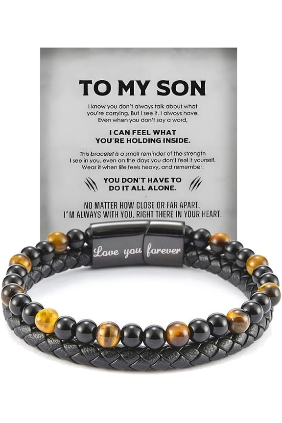 Son's Tiger Eye Protection Bracelets For Men, To My Son Bracelet from Mom Leather Black Beaded Bangle Engarved With Love You Forever Cuff Jewelry Gift for Birthday Christmas