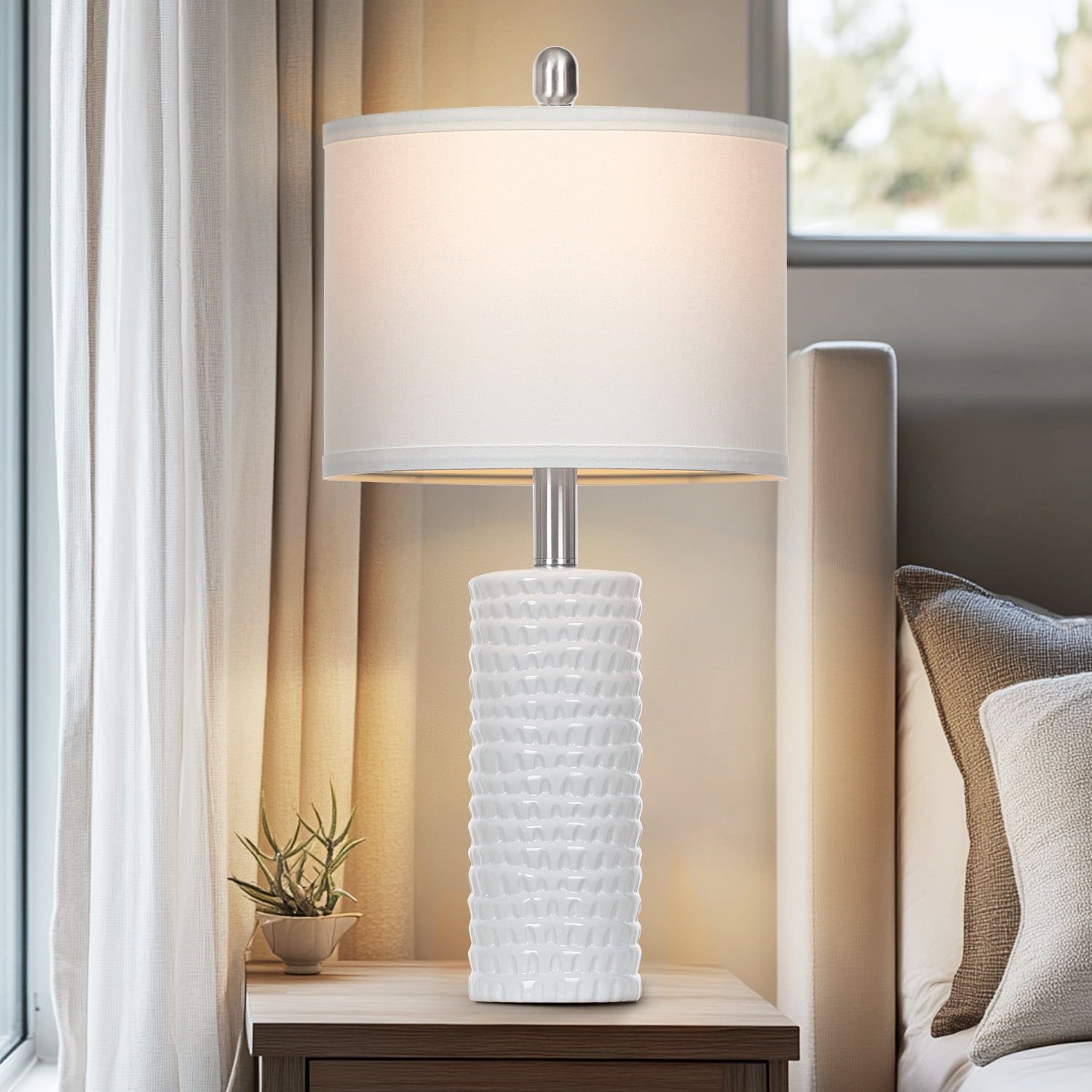 Cinkeda Ceramic Table Lamps Set of 2 for Living Room Bedroom 24" Modern Farmhouse Bedside Nightstand Lamp with White Shade