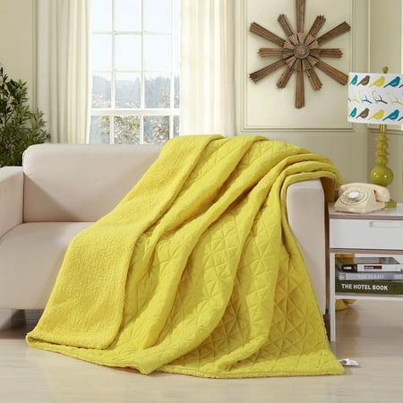 Yellow Throw Blankets DaDa Bedding Tuscan Sun Reversible Soft Stitched Sherpa Backside Quilted Ultra Sonic Throw Blanket - Bright Vibrant Solid Yellow - Twin ()