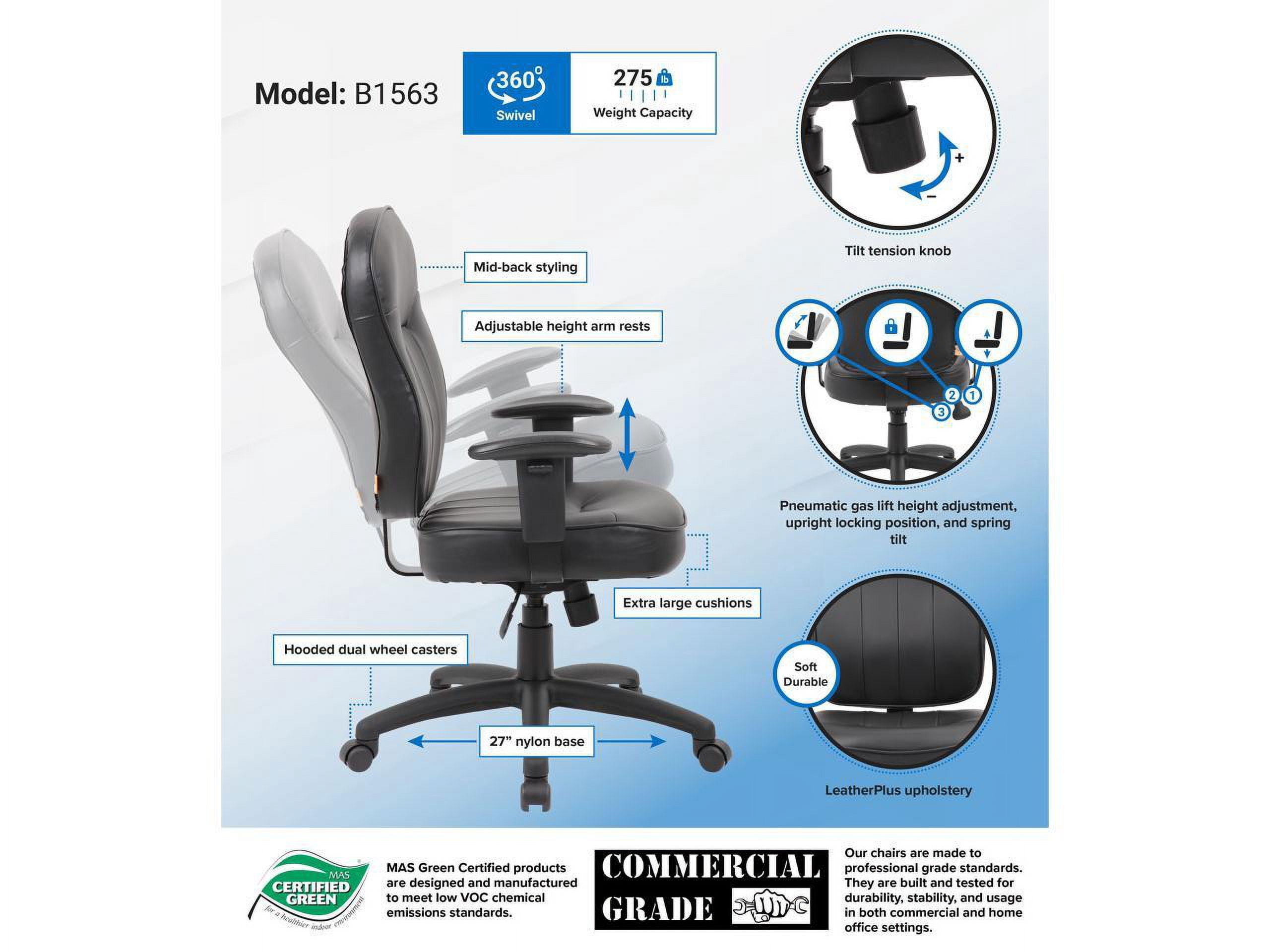 Boss Office Products Black Leather Task Chair with Adjustable Arms