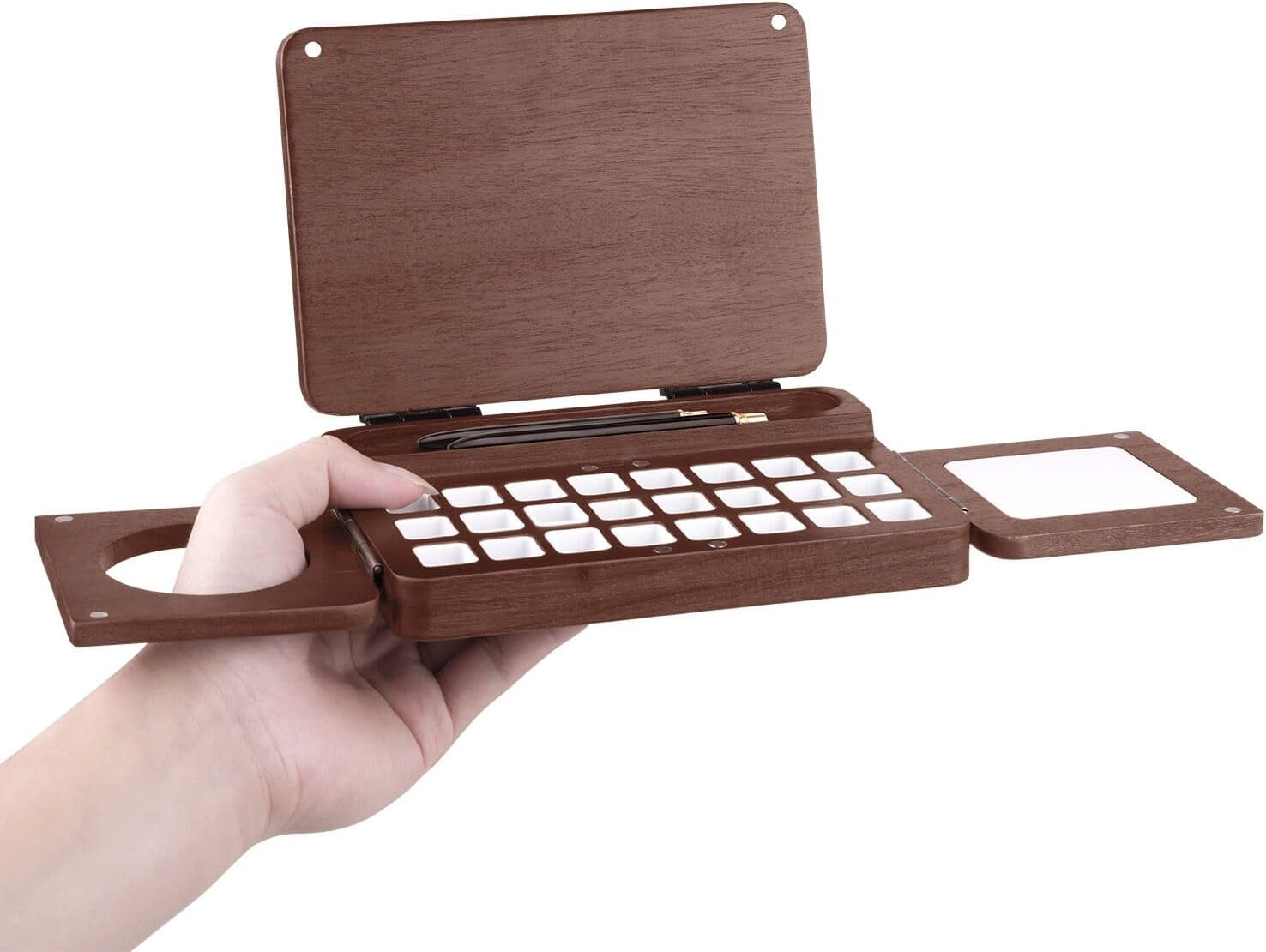 Portable Watercolor Palette, Travel Watercolor Palette 24 Grids Foldable with 2pcs Sable Travel Watercolor Brushes, Portable Walnut Wood Palette Box for Plein Air Painting