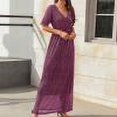 thumbnail image 1 of Robes Robe d'Été Femme Col en V Taille Haute Robe à Lacets Fendue Longue Robe à Manches Courtes Violette m, 1 of 7