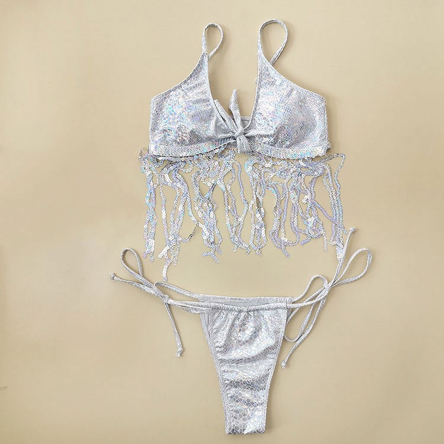 Hyknon Swim Suits for Women Split Tassel Chain Strap Bikini Push