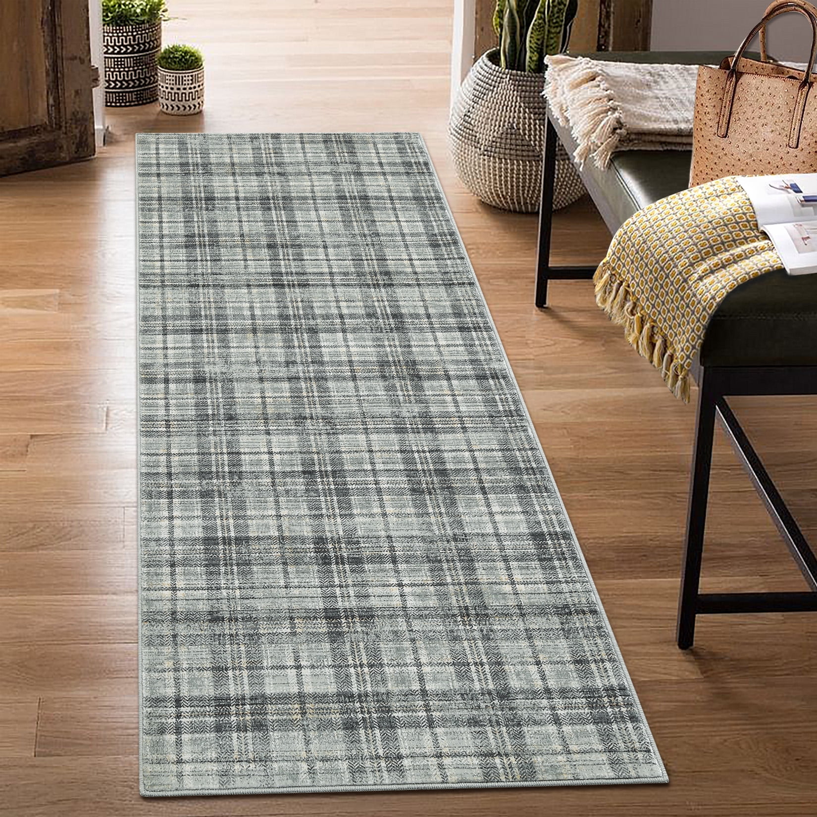HOMERRY Runner Rug 2' x 8' Washable Plaid Geometric Hallway Runner Carpet, Green