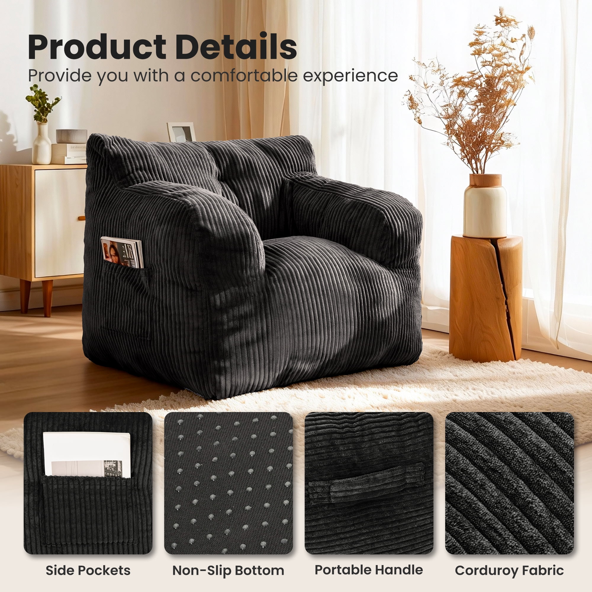 Foam Filled Bean Bag Chair, Plush Corduroy Lazy Sofa