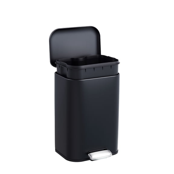 Black Stainless Steel Step Trash Can – 12L, Soft-Close Lid, Removable Inner Bucket, Fingerprint-Proof, Odor Control, Rectangular Indoor Recycling Bin for Bathroom, Kitchen, or Office