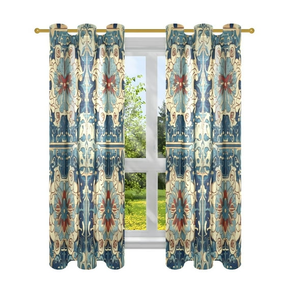 Window Curtain Panels Cotton Linen Decorative Curtains - Symmetrical Pattern PaintingWindow Shade Backdrops for Home Office Sunroom Country House