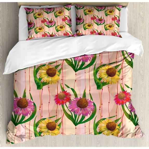 Coneflower Duvet Cover Set King Size, Vintage Style Illustration of Flowers Arranged Vertically Botanical Strips, Decorative 3 Piece Bedding Set with 2 Pillow Shams, Multicolor, by Ambesonne