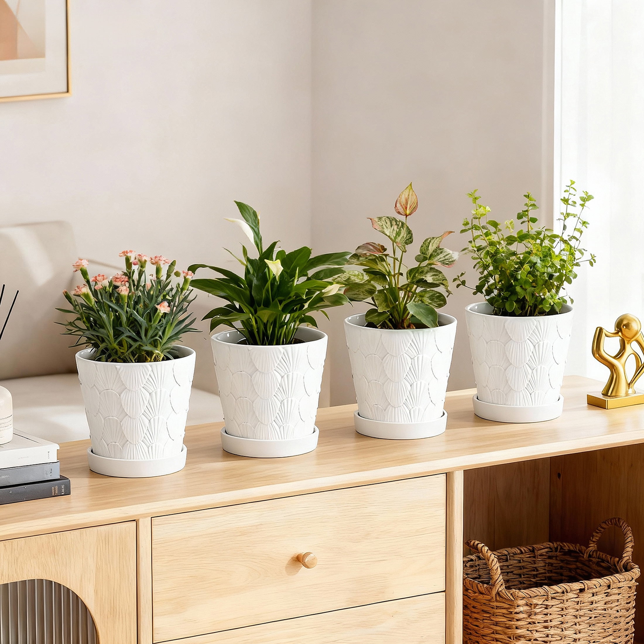 BUYMAX  Shell-Embossed 5" Ceramic Plant Pots with Drainage, White Indoor Flower Pots,Bathroom Decor,Set of 4
