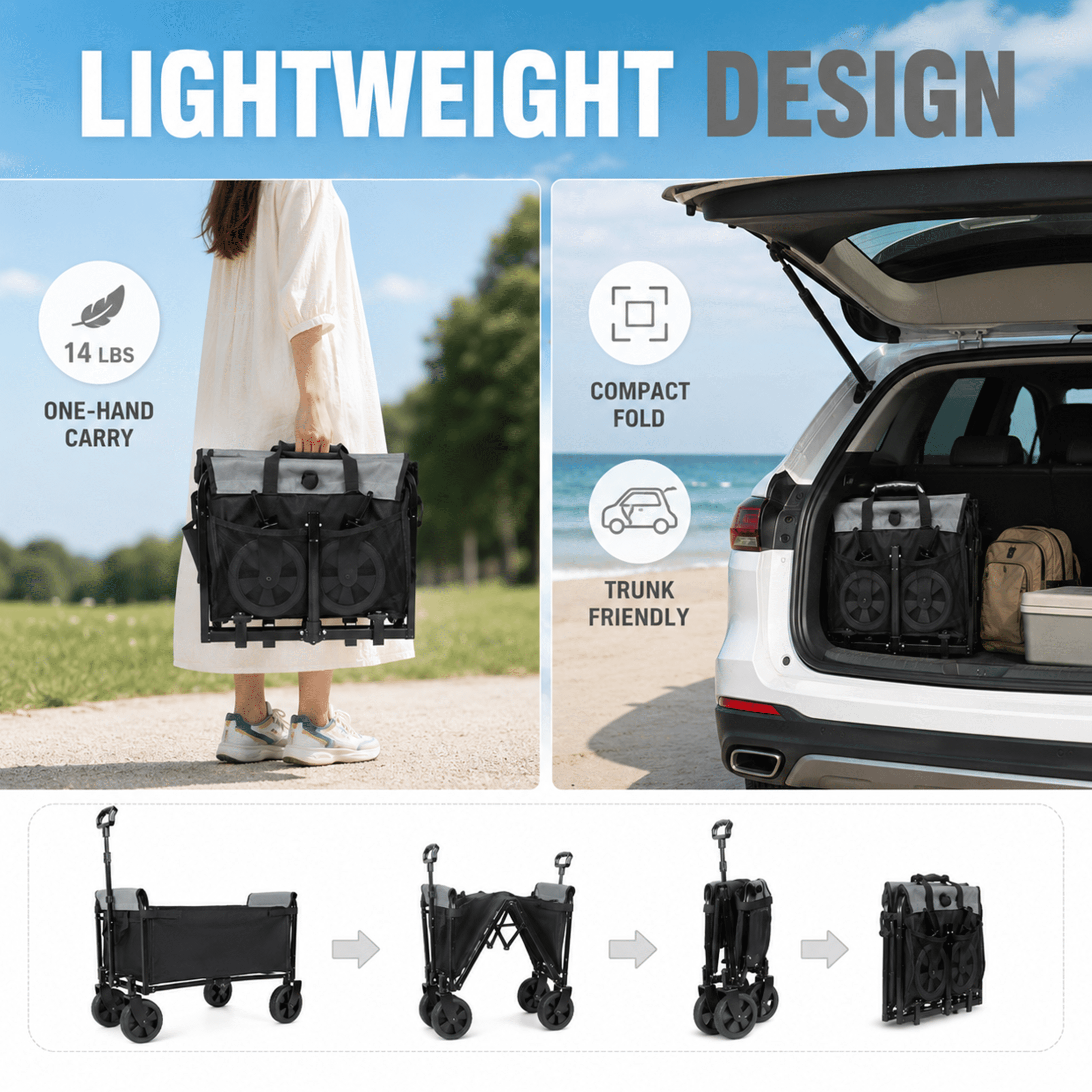 3-in-1 Collapsible Wagon with Wheels, 220 lbs Lightweight Folding Utility Cart with Cup Holders, Pet Wagon, Trunk Organizer for Groceries, Camping, Shopping, Black