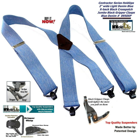 Holdup Brand Heavy Duty Blue Denim 2" Wide Work X-back Suspenders with strong Patented Jumbo Gripper Clasps