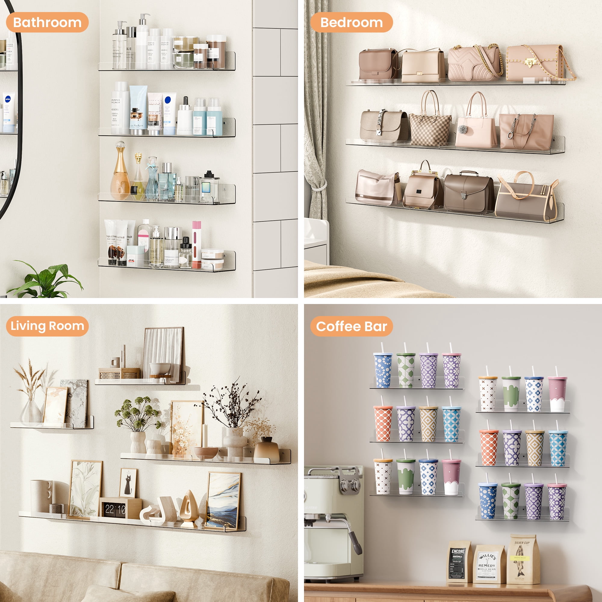 Sindcom 15" Acrylic Floating Shelves Wall Mounted, 5pack Clear Acrylic Shelves, for Bedroom, Living Room, Bathroom, Kitchen