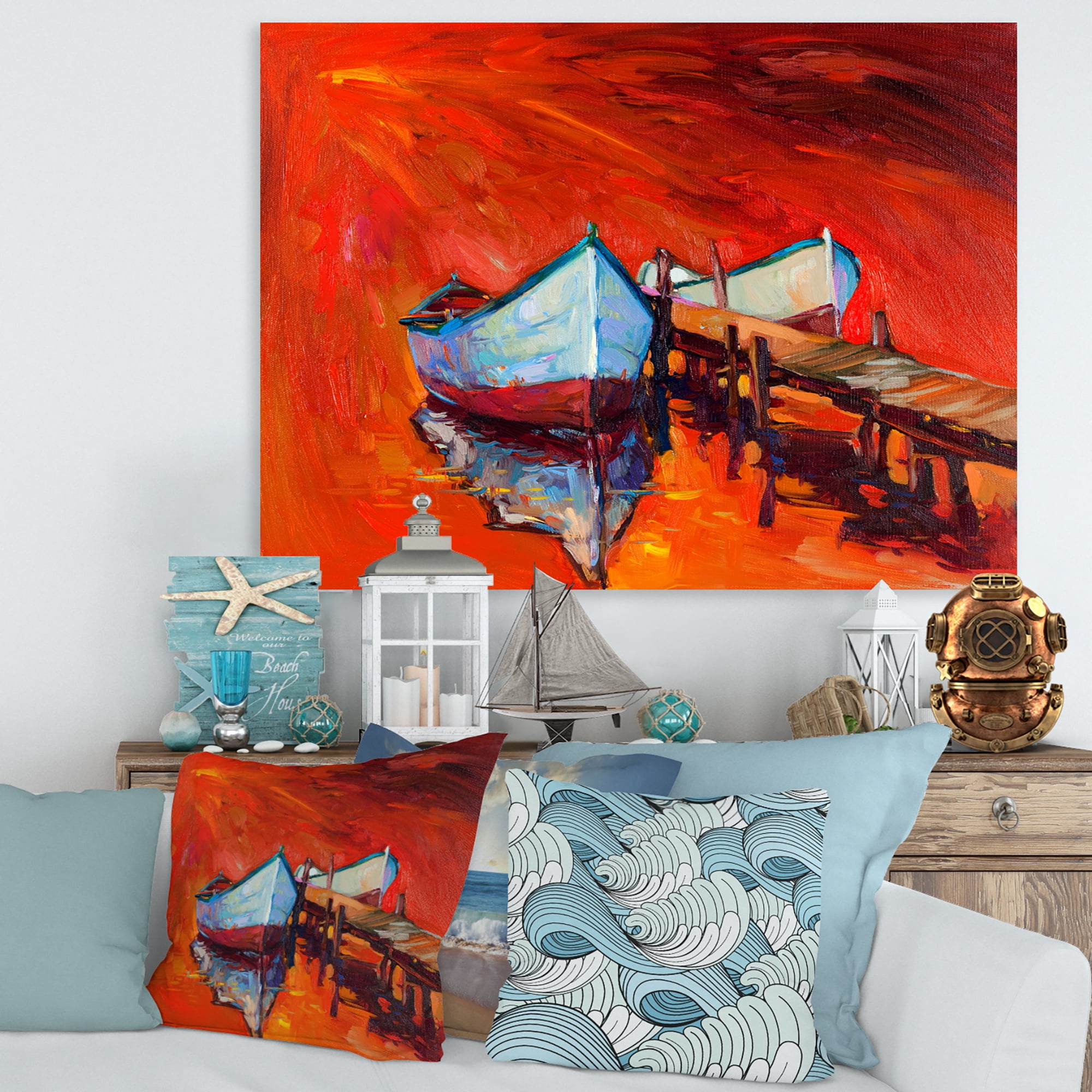 Designart ' Boats Near Coastal Town Resting On The Water IV ' Nautical & Coastal Canvas Wall Art Print