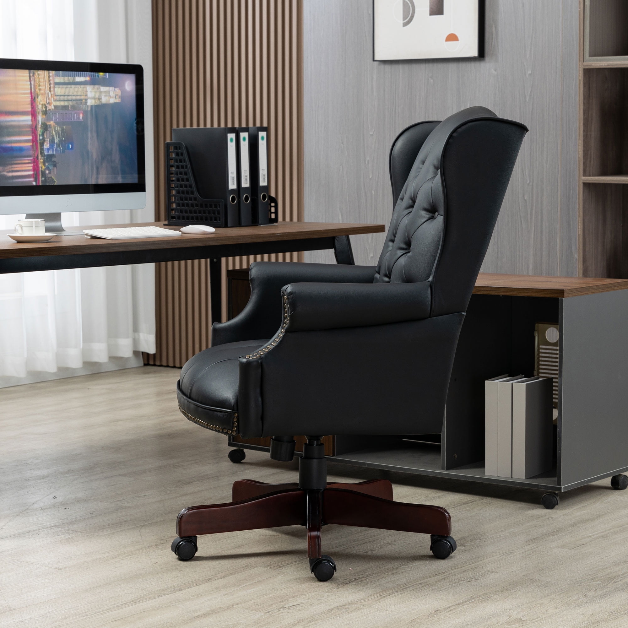 Executive Office Chair, High Back Reclining Desk Chair, PU Leather Computer Chair with Tufted Back and Nailhead Trim, Ergonomic Desk Chair with Smooth Glide Caster Wheels for Home Office, Black PU