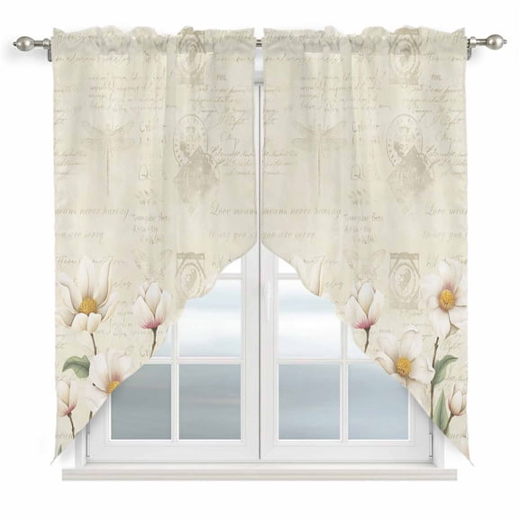 White Floral Swag Curtains for Kitchen/Bedroom/Living Room, Spring Country Vintage Flower Leaf Plant Scalloped Curtains 63 Inch Long, Window Swag Topper Curtains Valances 2 Panels Set 36"x63"
