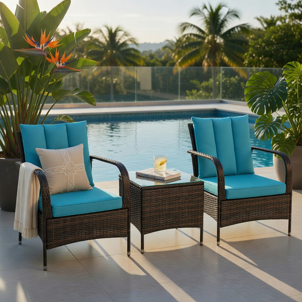Hommoo 3-Piece Outdoor Rattan Patio Furniture Set with Tempered Glass Coffee Table & Cushions, Weather-Resistant Wicker Seating for Backyard, Garden, or Patio, Turquoise