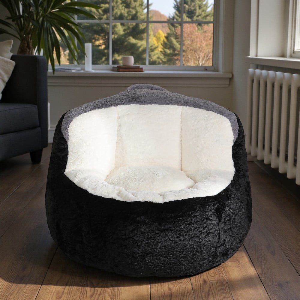 Tcbosik Oversized Bean Bag Chair, Faux Fur Accent Chair, Single Sofa Chair for Living Room, Bedroom, Black+White+Grey