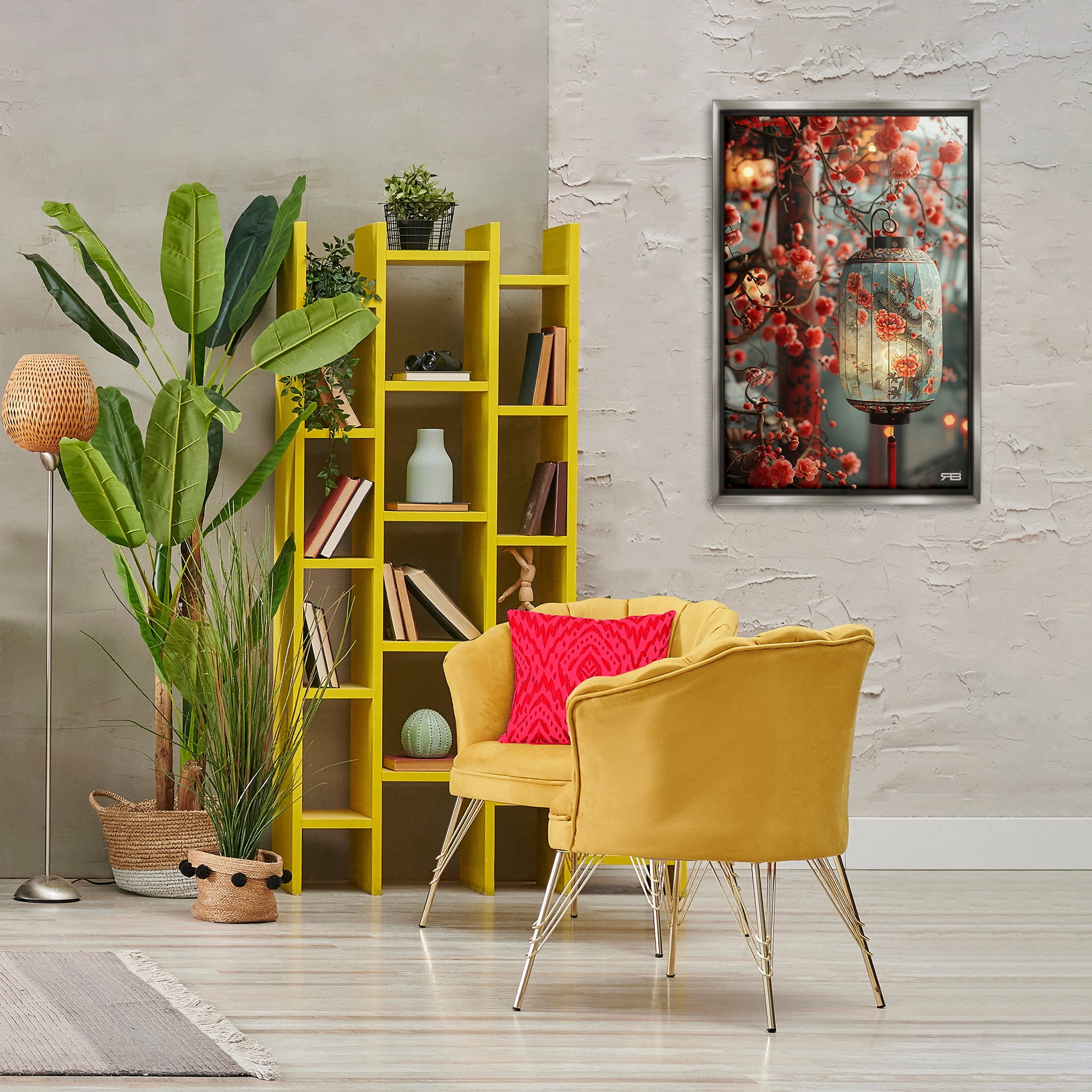 Stupell Industries Florals with Asian Motif Botanical & Floral Painting Gray Floater Framed Art Print Wall Art, 21 x 31