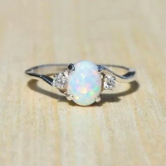 HOOUN Women Fashion White Fire Opal Rings 925 Silver Wedding Party Jewelry Size 6-10-6-03# Oval Opal