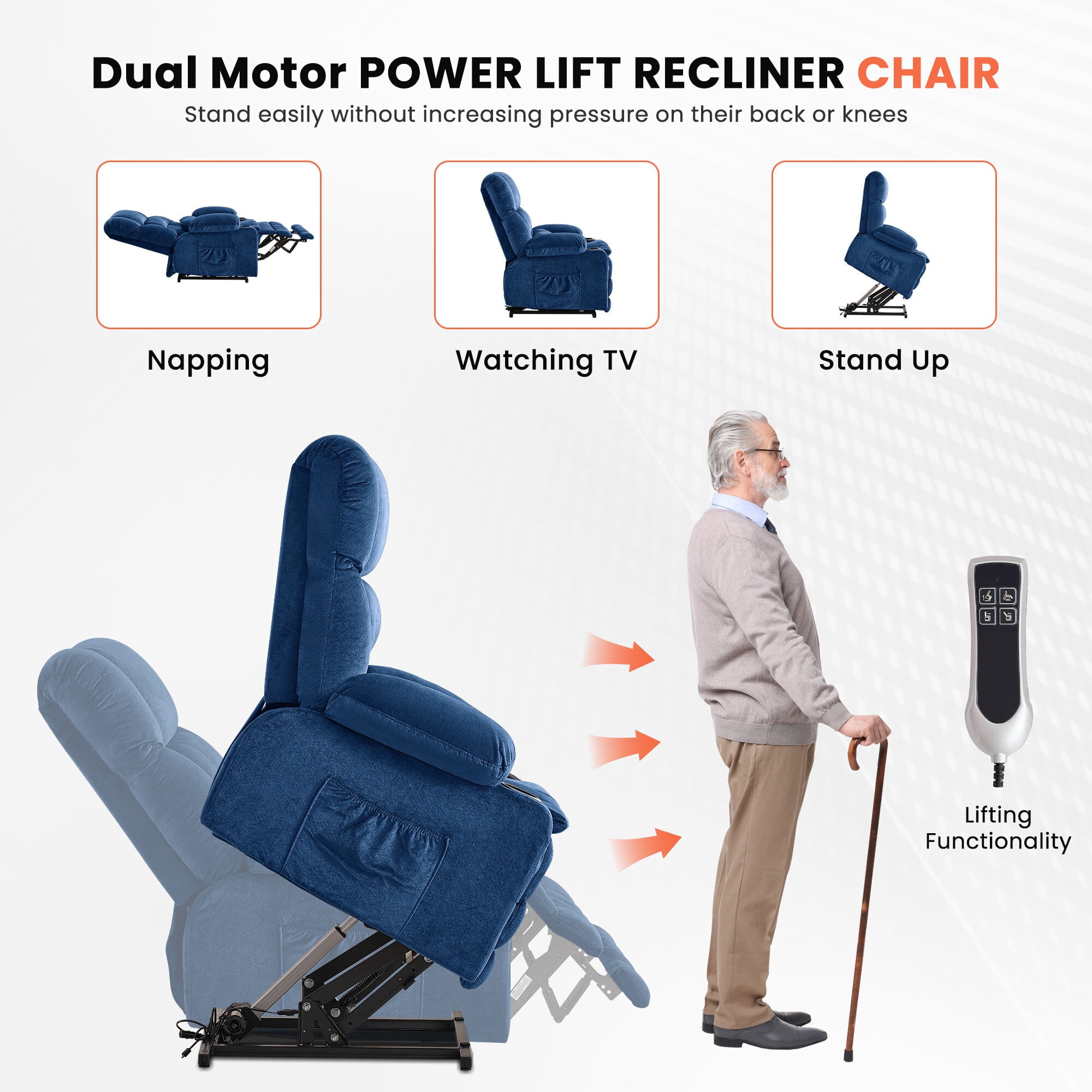 Alvantor Dual Motor Power Lift Recliner Chair for Elderly with Heat and Massage Large Single Sofa with Cup Holders for Living Room Blue
