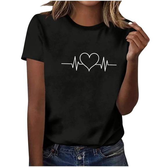 MaFYtyTPR Women's T-Shirts for Valentine's Day Fashion Short Sleeve Love Printed Round Neck Loose Pullover Tops Black L