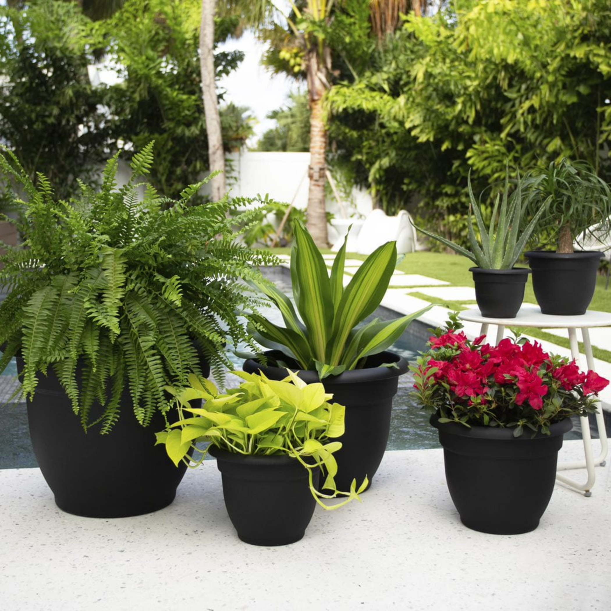 Bloem Ariana 20" Self-Watering Plastic Planter - Rolled Rim Indoor/Outdoor Garden Pot, Black